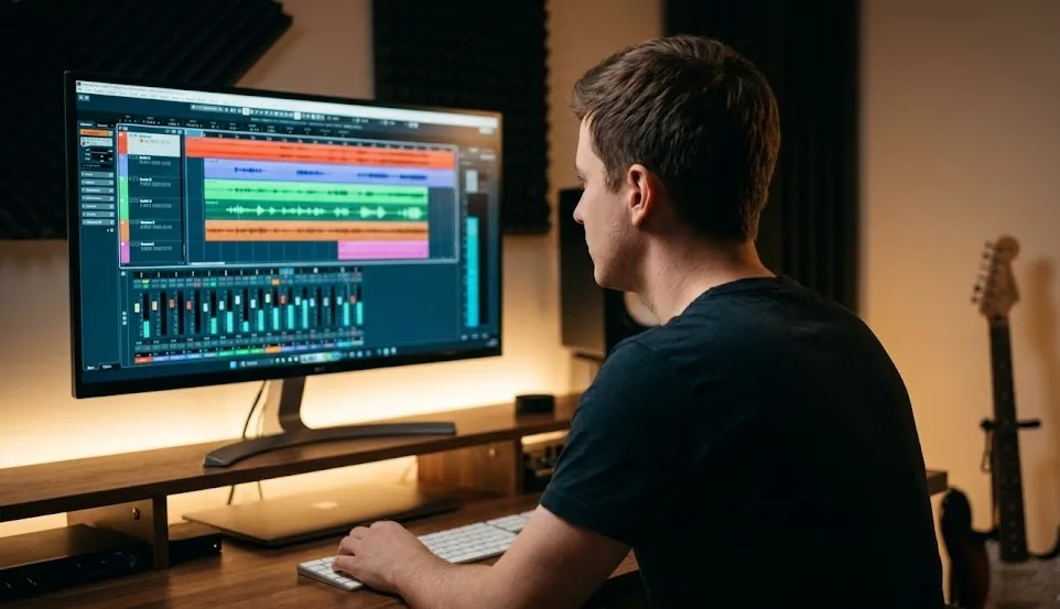 Producent muzyczny pracujący przy DAW w home studio